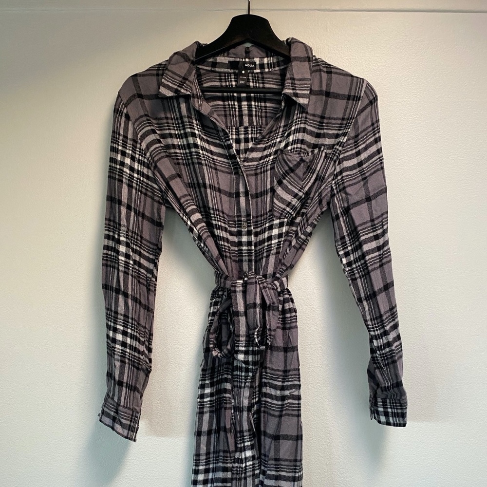 Flannel long sleeve dress with belt tie